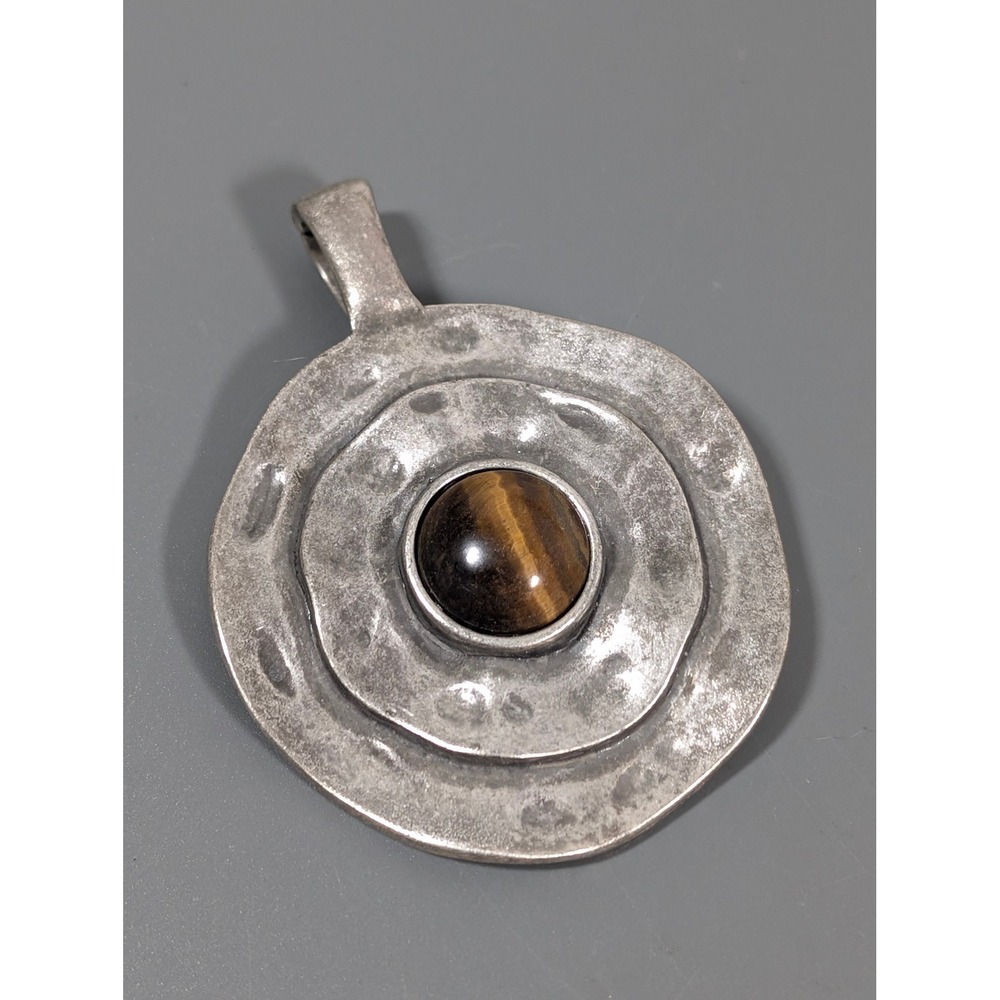 Premier Designs Tiger Eye Pendant Silver Tone Hammered Round Boho